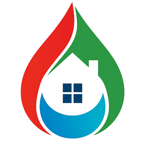 Colorful logo featuring a house design within a droplet shape.