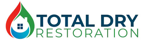 Colorful logo featuring a water droplet and text TOTAL DRY RESTORATION in blue and green.