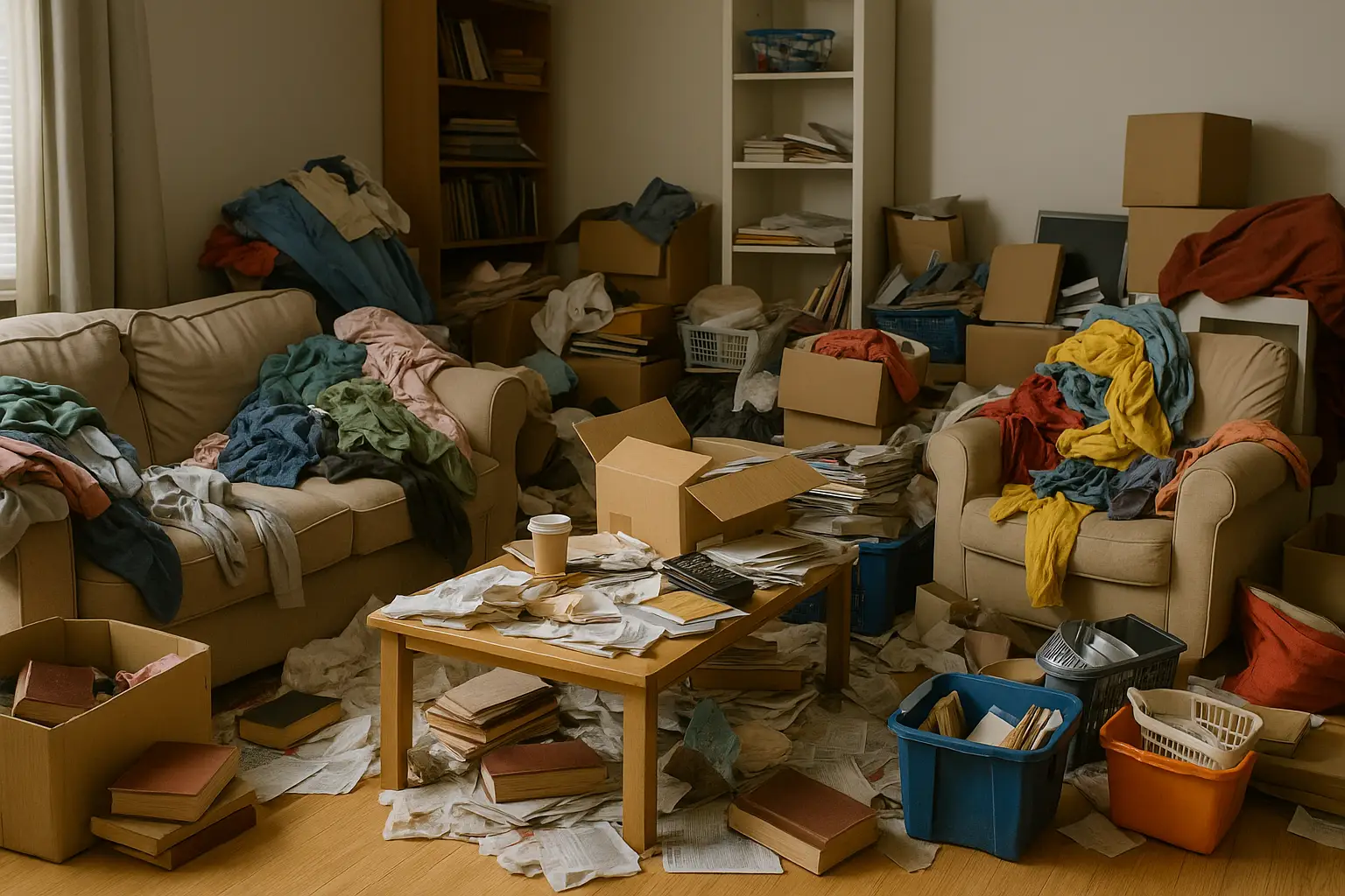 Cluttered living room with piles of clothes, boxes, and scattered papers.