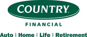 Green and white Country Financial logo with text and service categories.