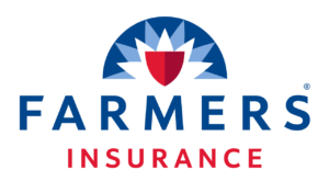 Red shield with blue and white rays, text FARMERS and INSURANCE in blue and red.