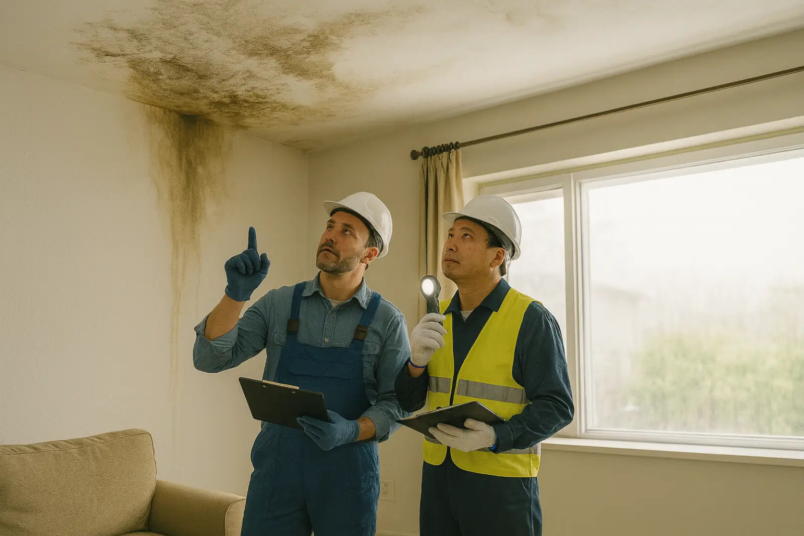 Two professionals inspecting a ceiling with mold, one holding a flashlight and clipboard.