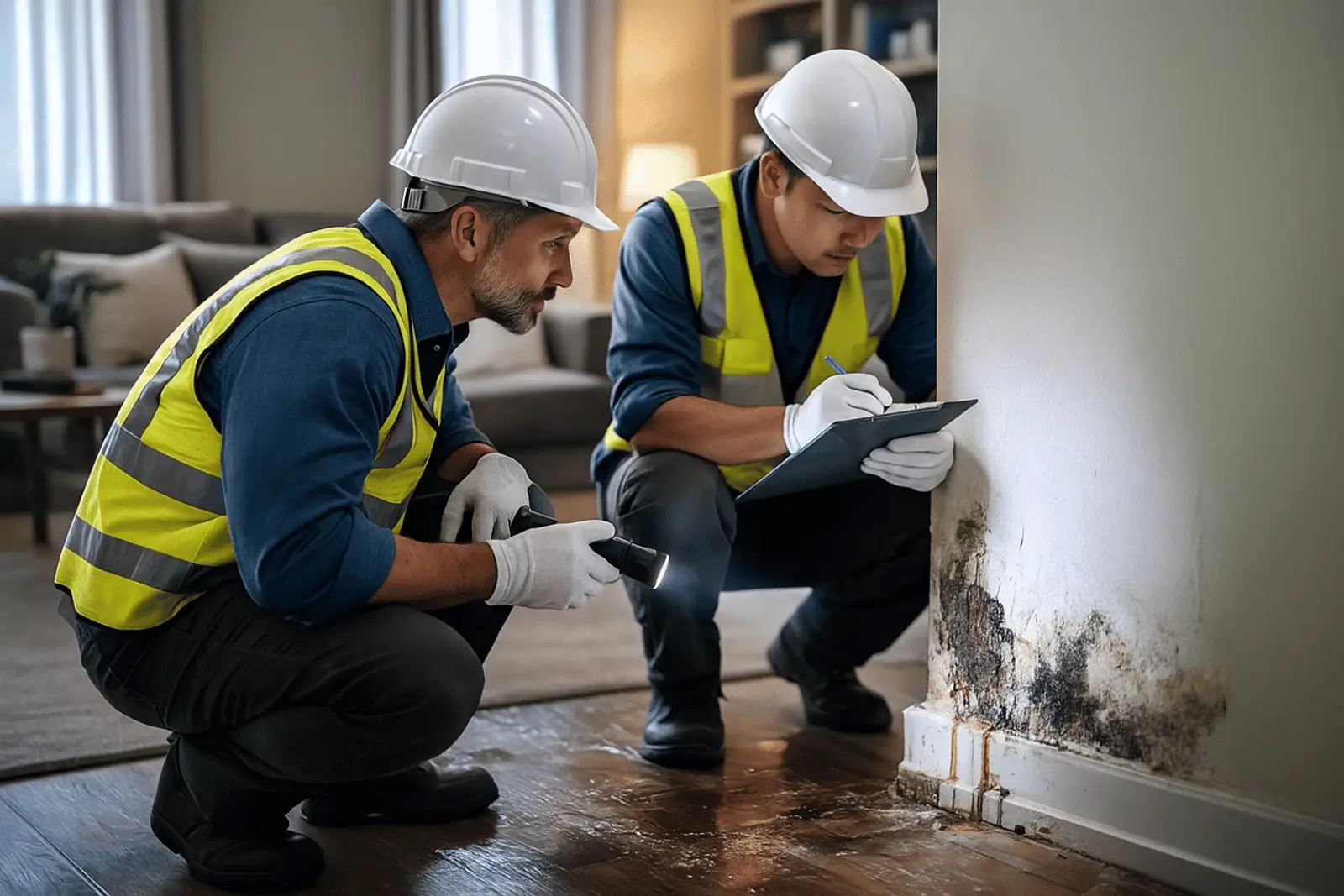 Two mold inspection workers in yellow vests examining a wall with visible mold.