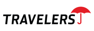 Red umbrella symbol above the word TRAVELERS in black text.