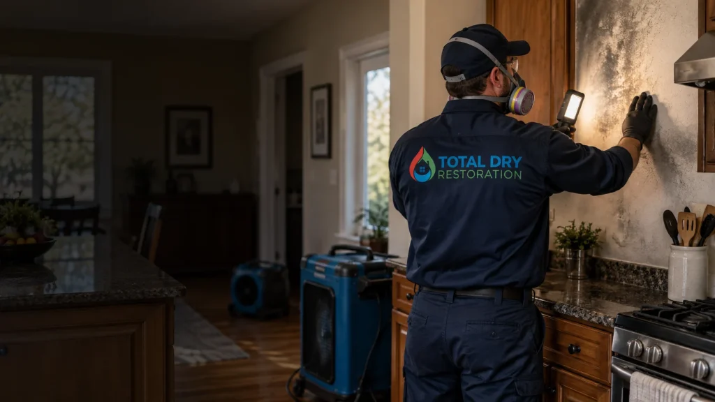 Illustration of a protected technician inspecting smoke residue in a kitchen.