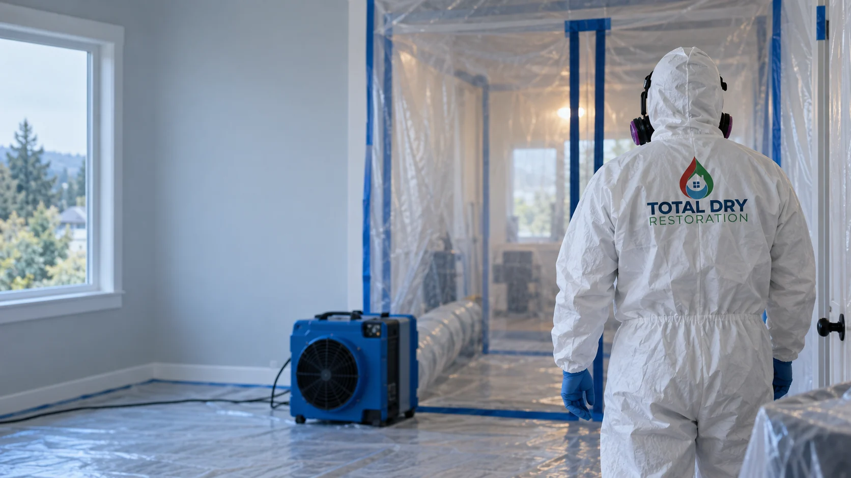 Illustration of a technician in protective coveralls beside a contained work area and air scrubber.