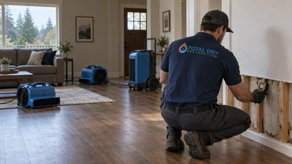 Illustration of a restoration technician checking wall moisture with drying equipment nearby.