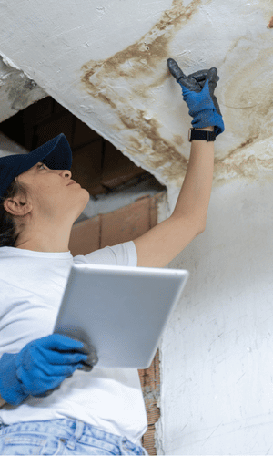 Woman in blue gloves inspecting ceiling with tablet, pointing at water damage.