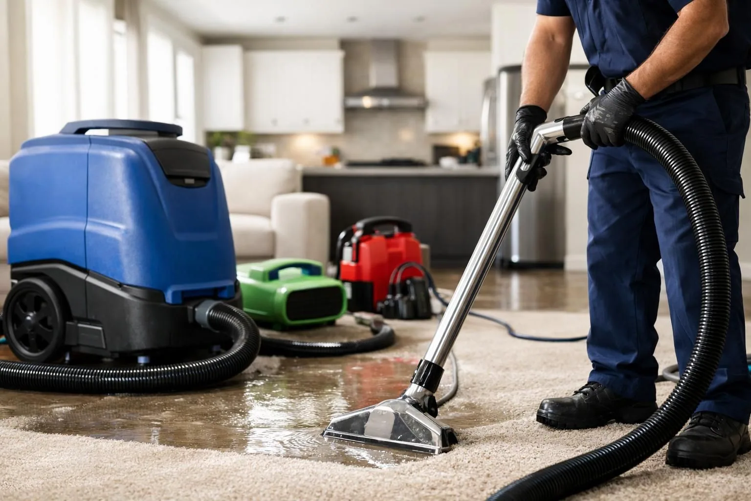 Technician extracting water from carpet with wet vacuum hose