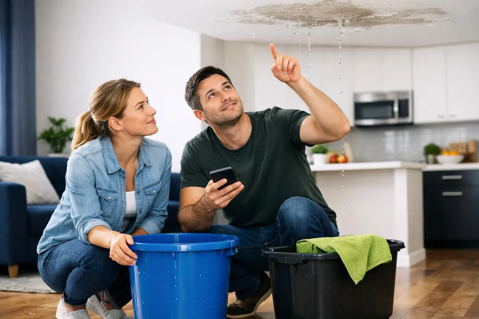Two people with buckets under leaking ceiling indoors