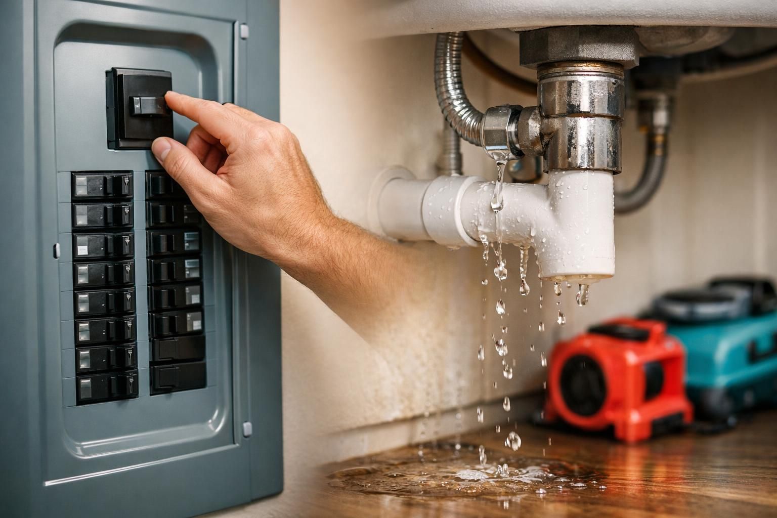 Hand turning circuit breaker as water drips from pipe