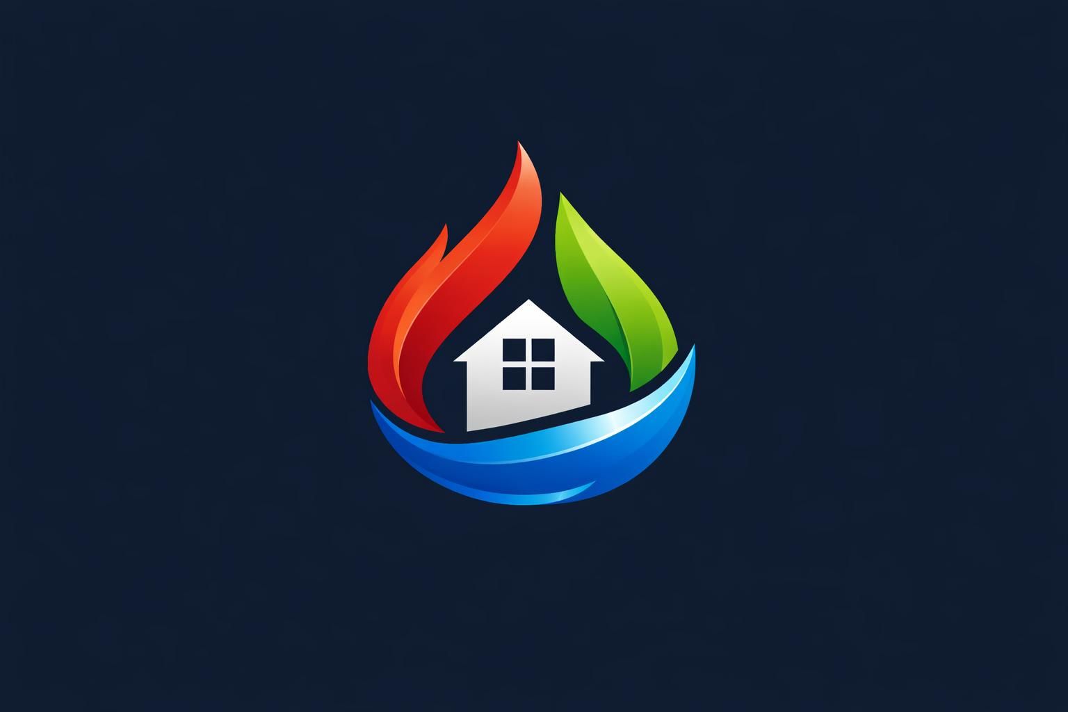House icon with red flame, green leaf, blue water swoosh