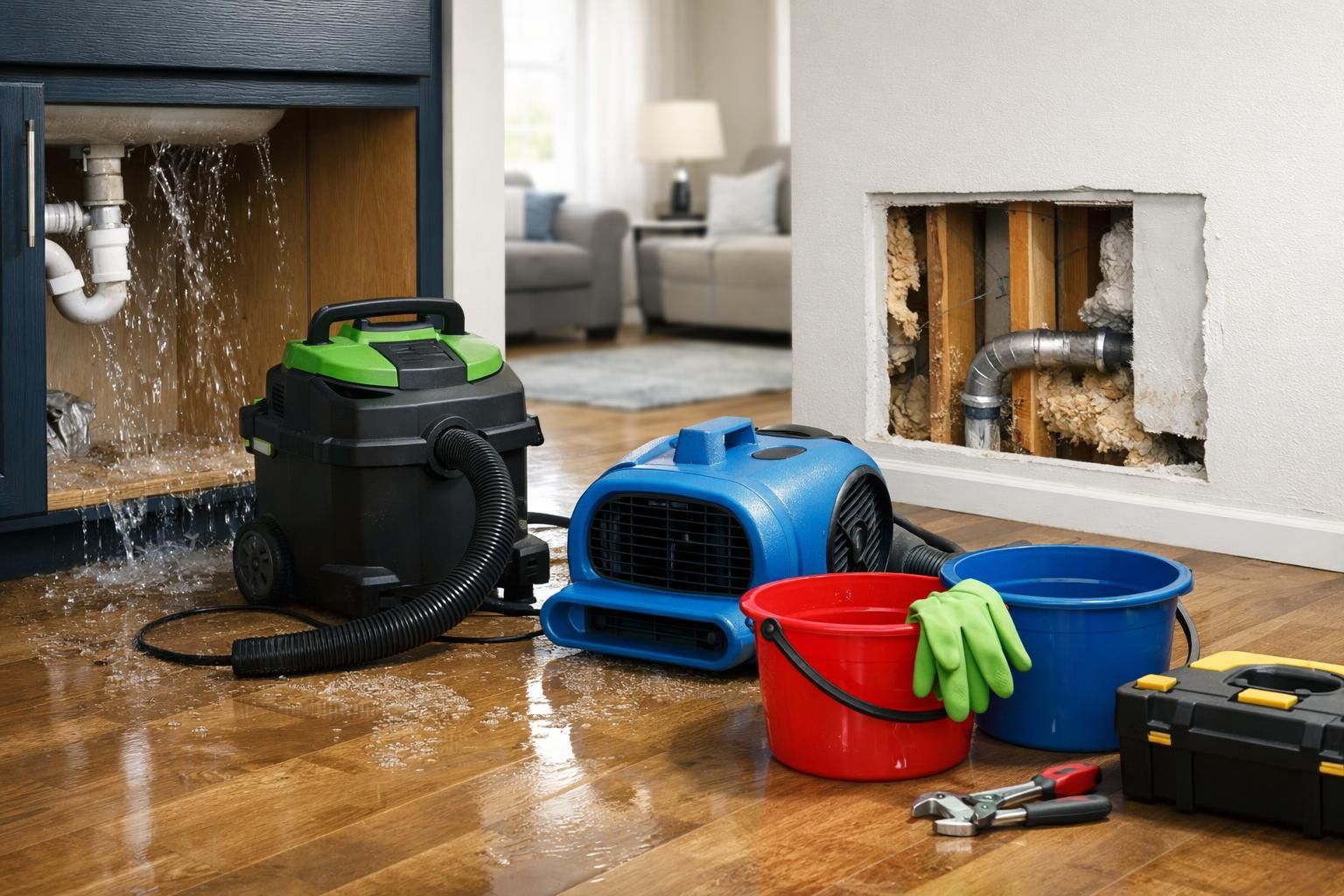 Water leaking under sink with wet vacuum, fan, buckets
