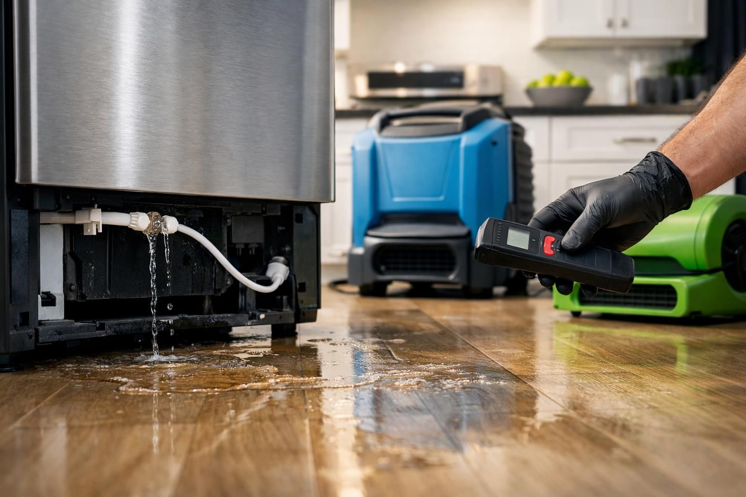 Water leaking from refrigerator hose onto hardwood floor