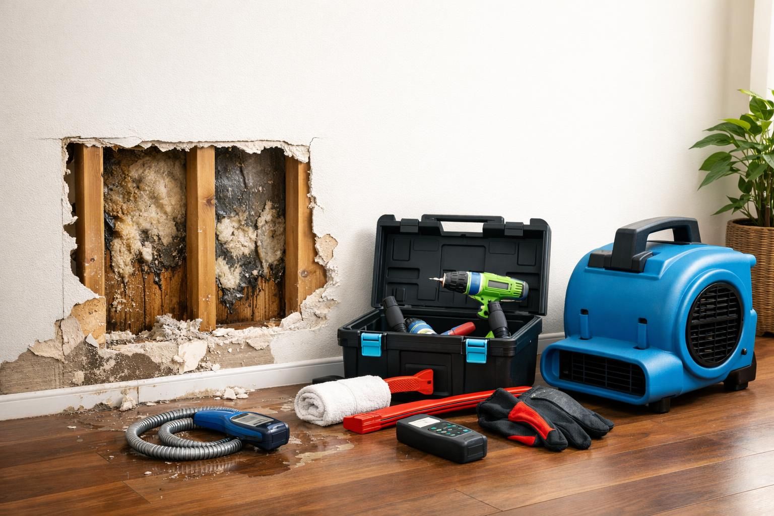 Hole in wall with moldy insulation and repair tools