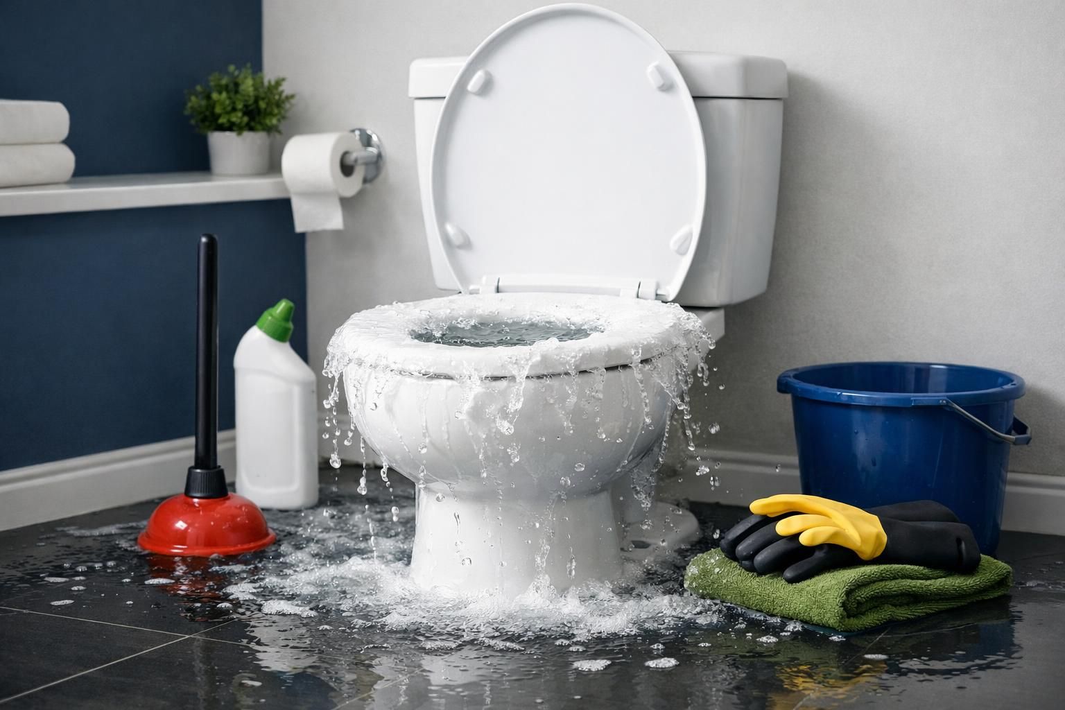 Overflowing toilet with water spilling onto bathroom floor