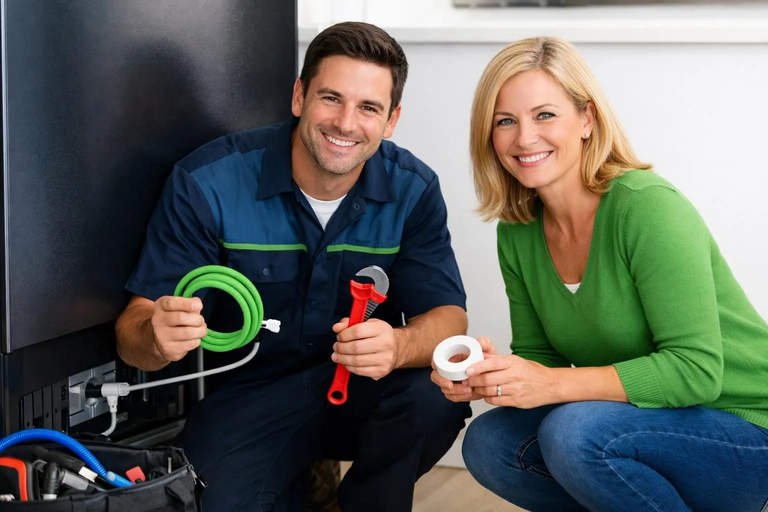 Smiling plumber and homeowner holding hose, wrench, tape