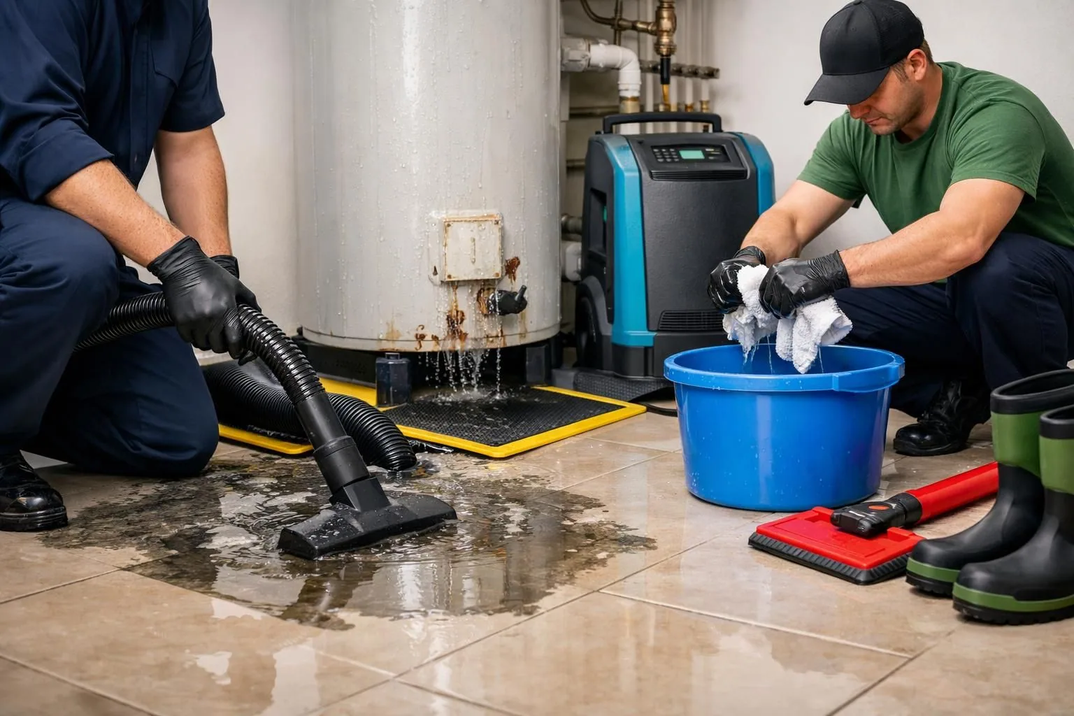 Workers vacuuming water near leaking water heater with blue bucket