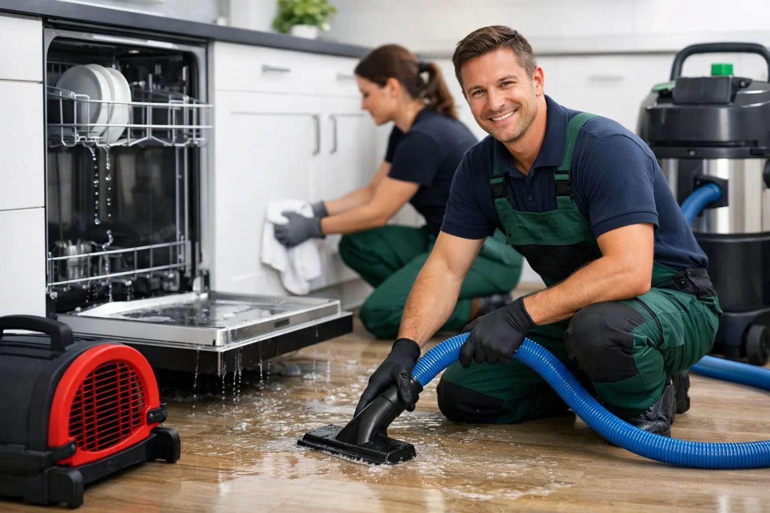 Worker vacuuming water from kitchen floor near leaking dishwasher