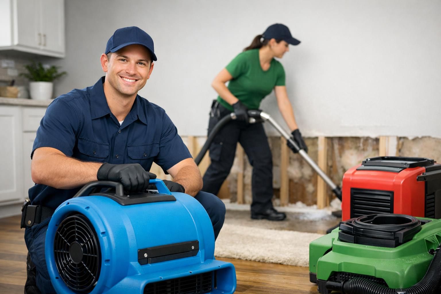 Two technicians with drying fans and vacuum in damaged room