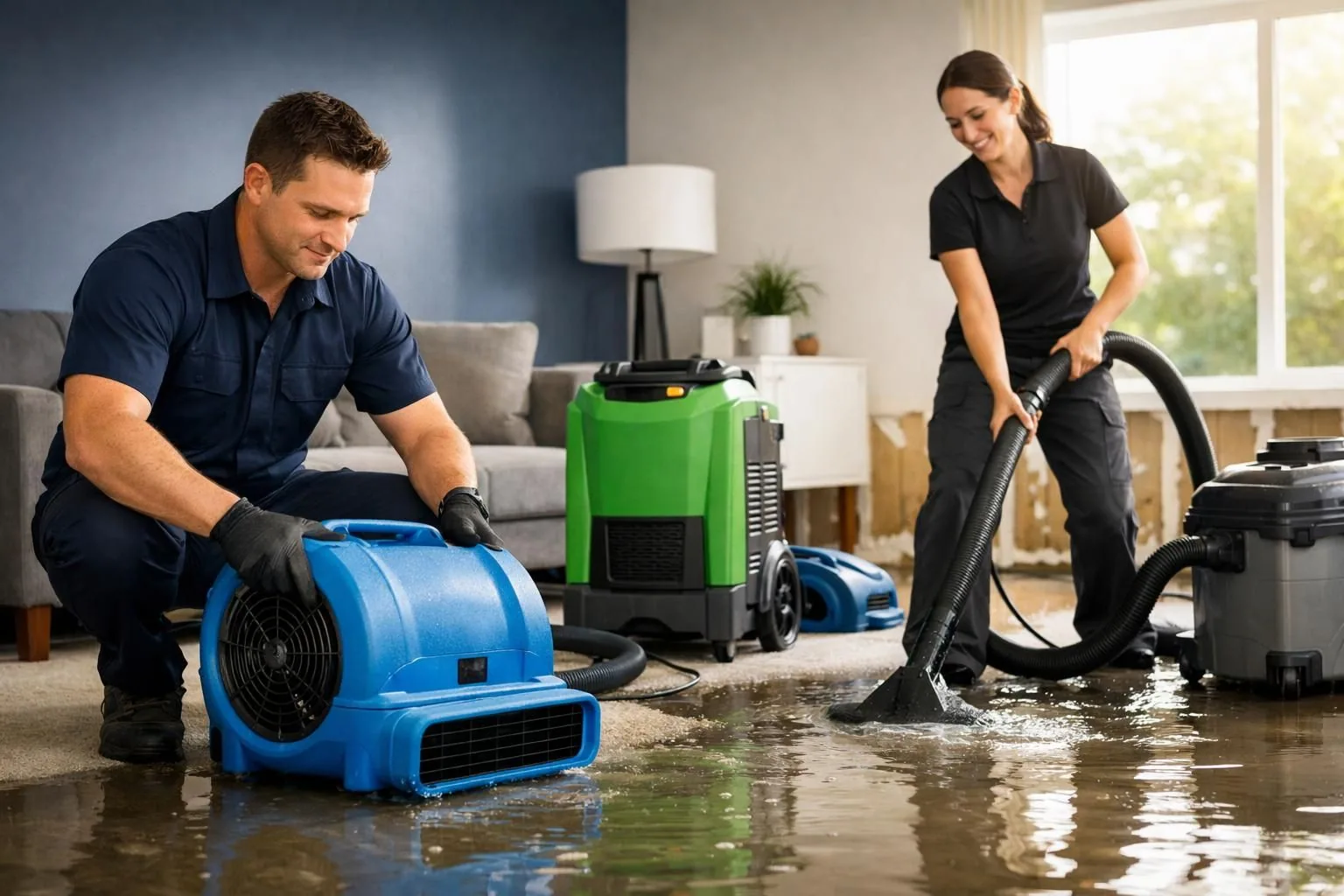 Workers using air mover and wet vacuum on flooded floor