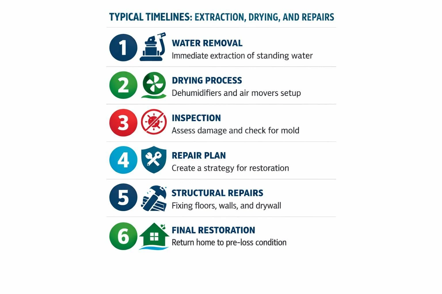 Six-step infographic on water removal, drying, inspection, repairs