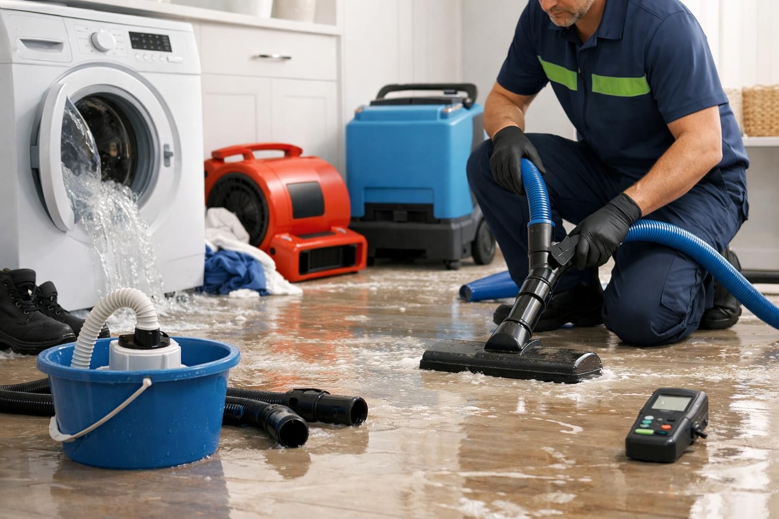 Technician vacuuming water from flooded laundry room floor