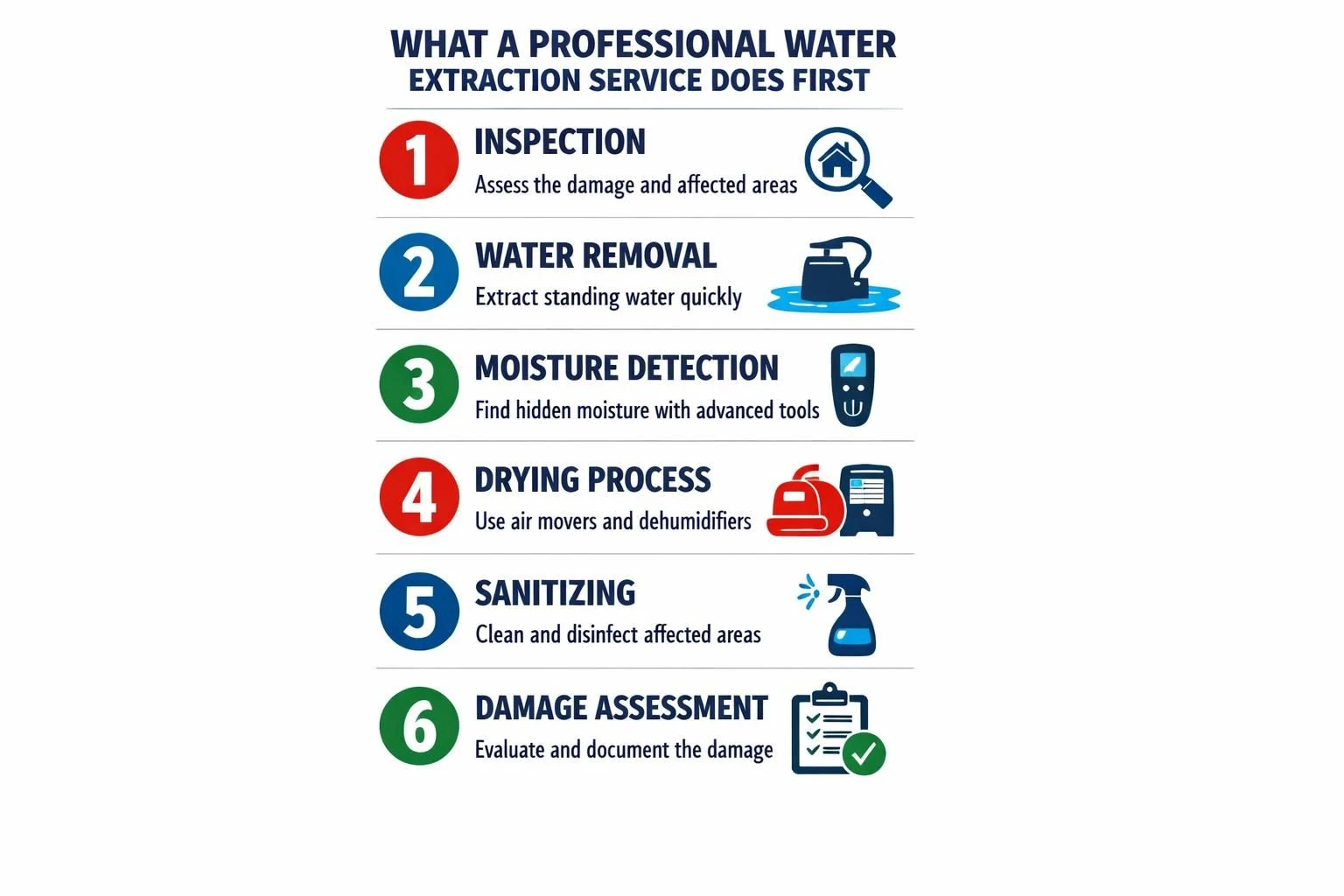 Infographic listing six steps for professional water extraction service