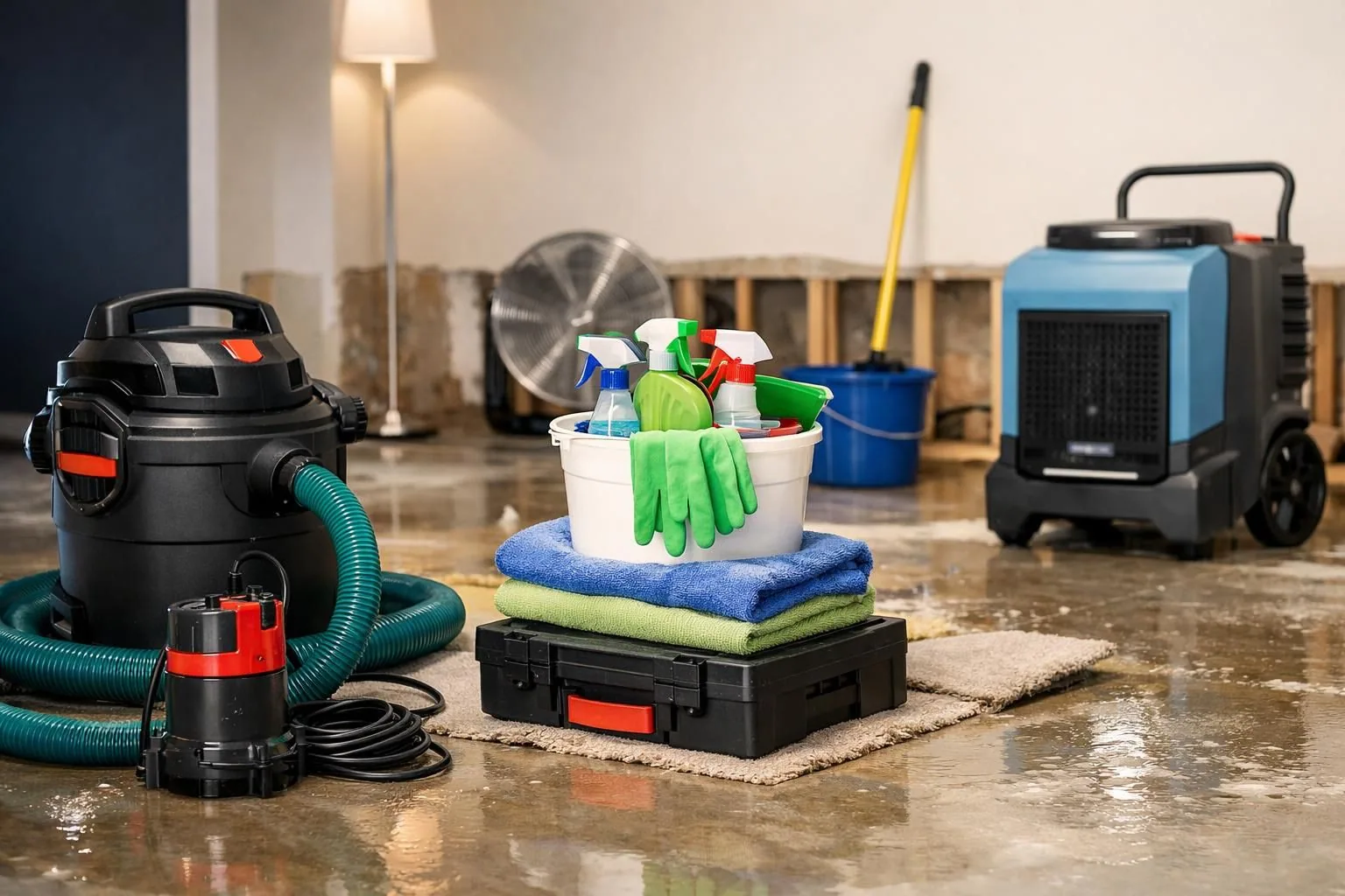 Wet basement cleanup equipment: vacuum, pump, towels, gloves