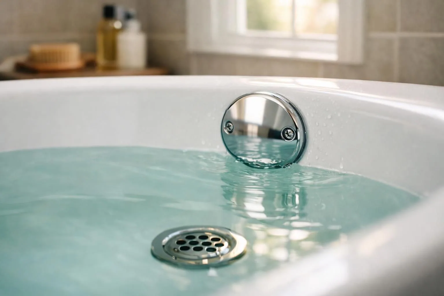 Bathtub overflow drain cover above waterline, chrome finish