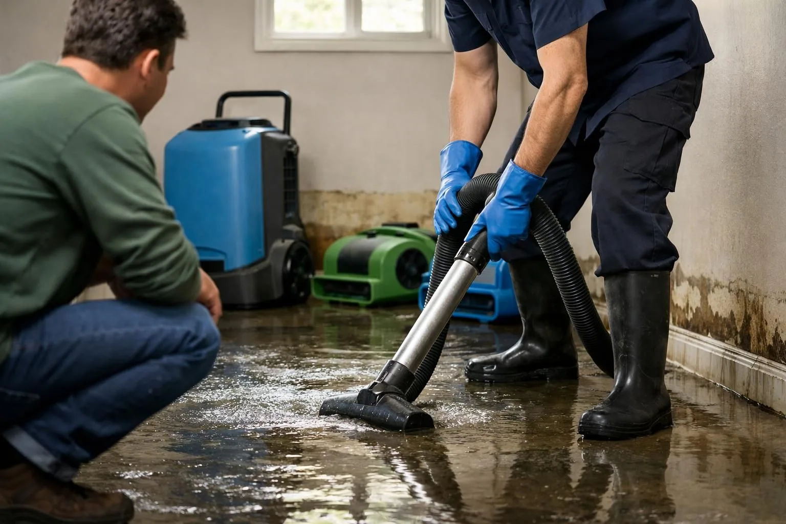 Worker in rubber boots vacuuming water from flooded floor