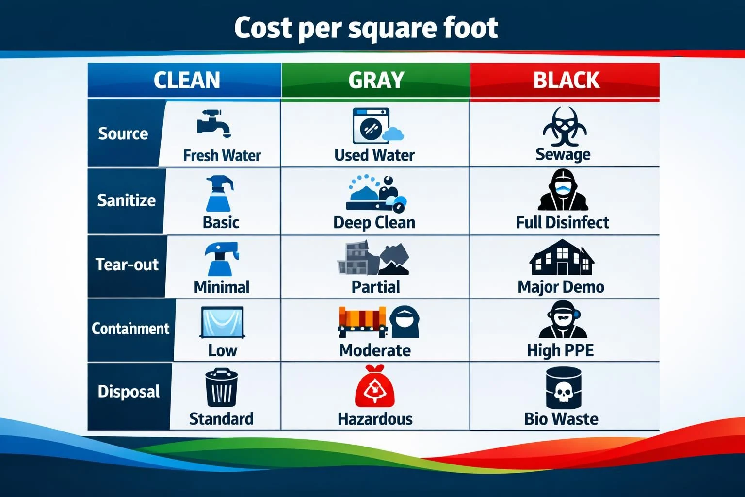 Cost per square foot chart comparing clean gray black water