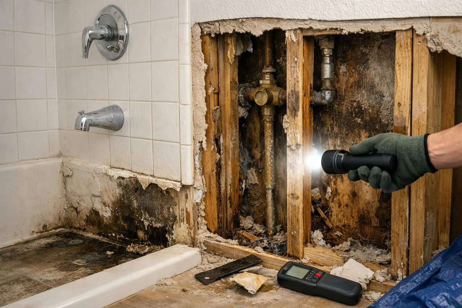Gloved hand shines flashlight on moldy bathroom wall studs