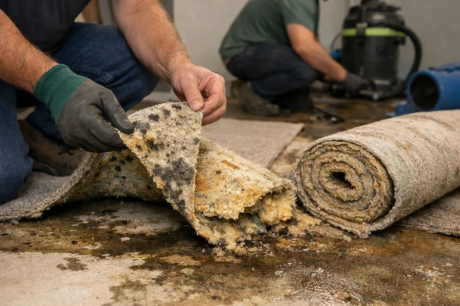 Gloved hands lifting moldy carpet padding from wet floor