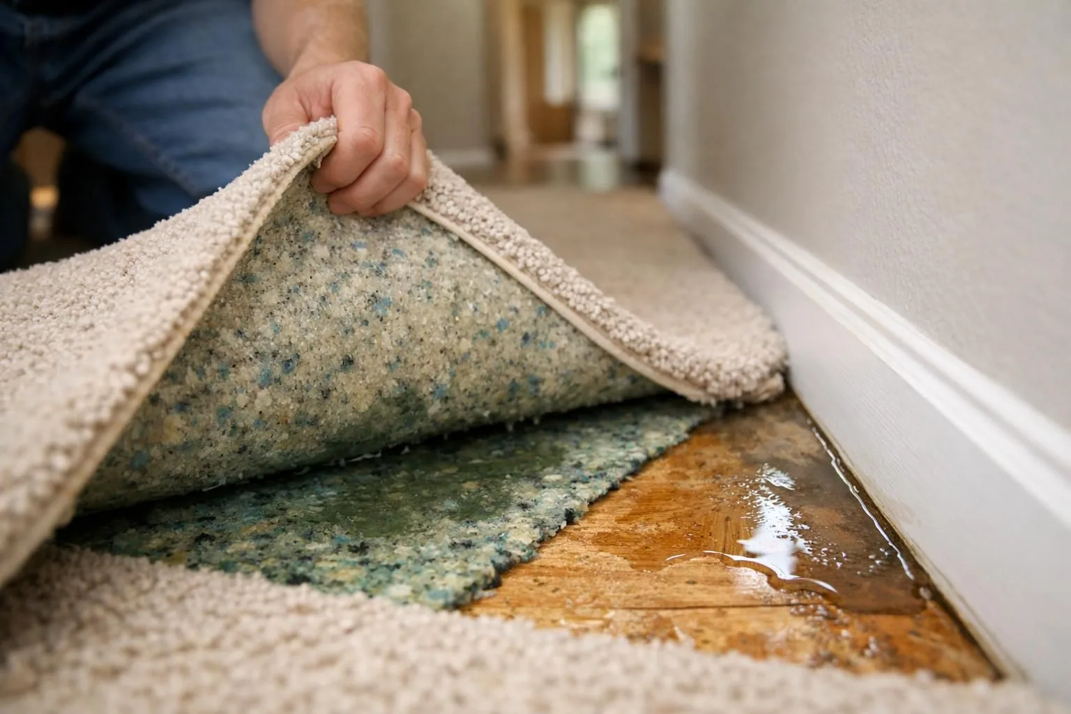 Hand lifting carpet to reveal wet padding and water on floor