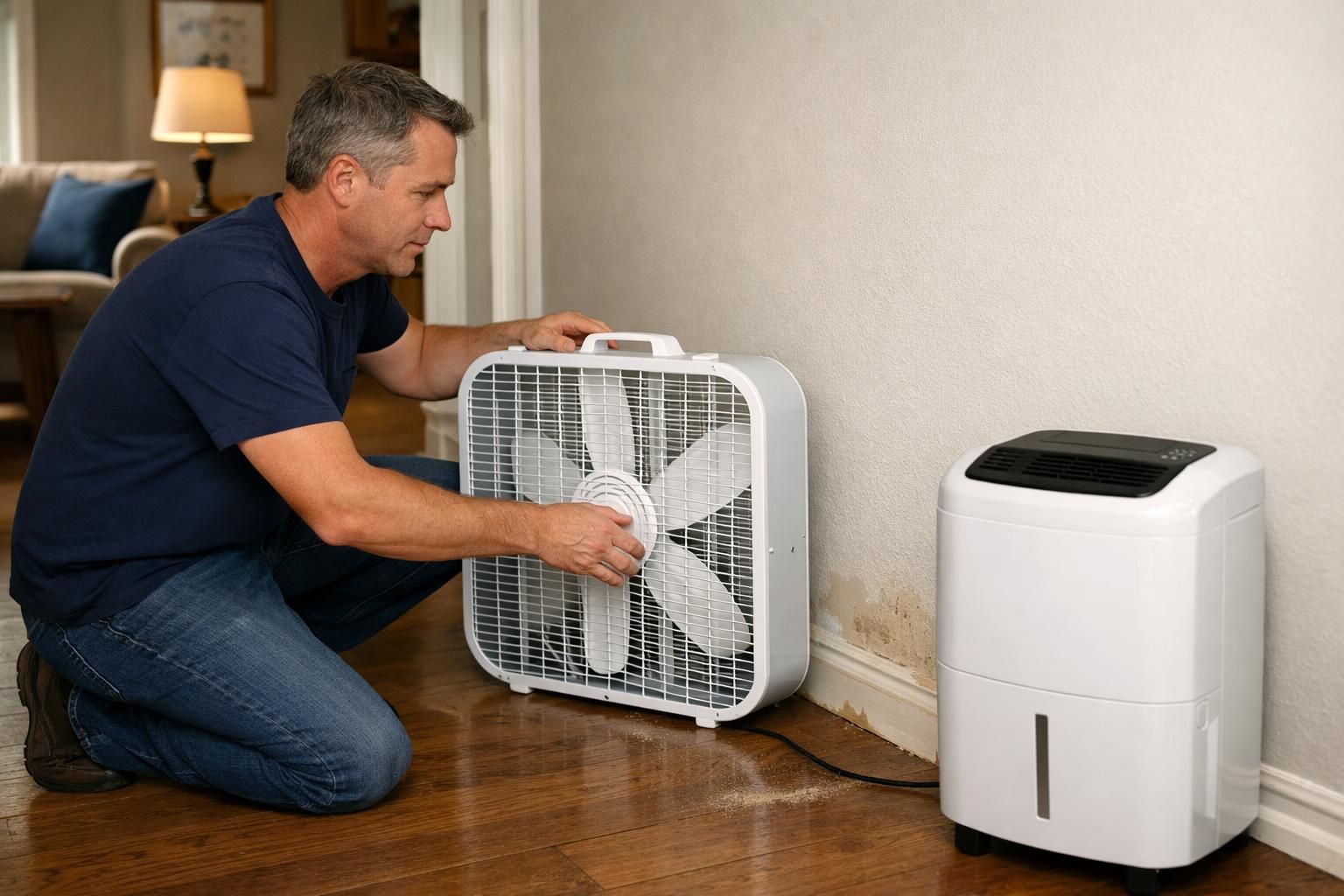 Man kneeling by box fan and dehumidifier near stained wall