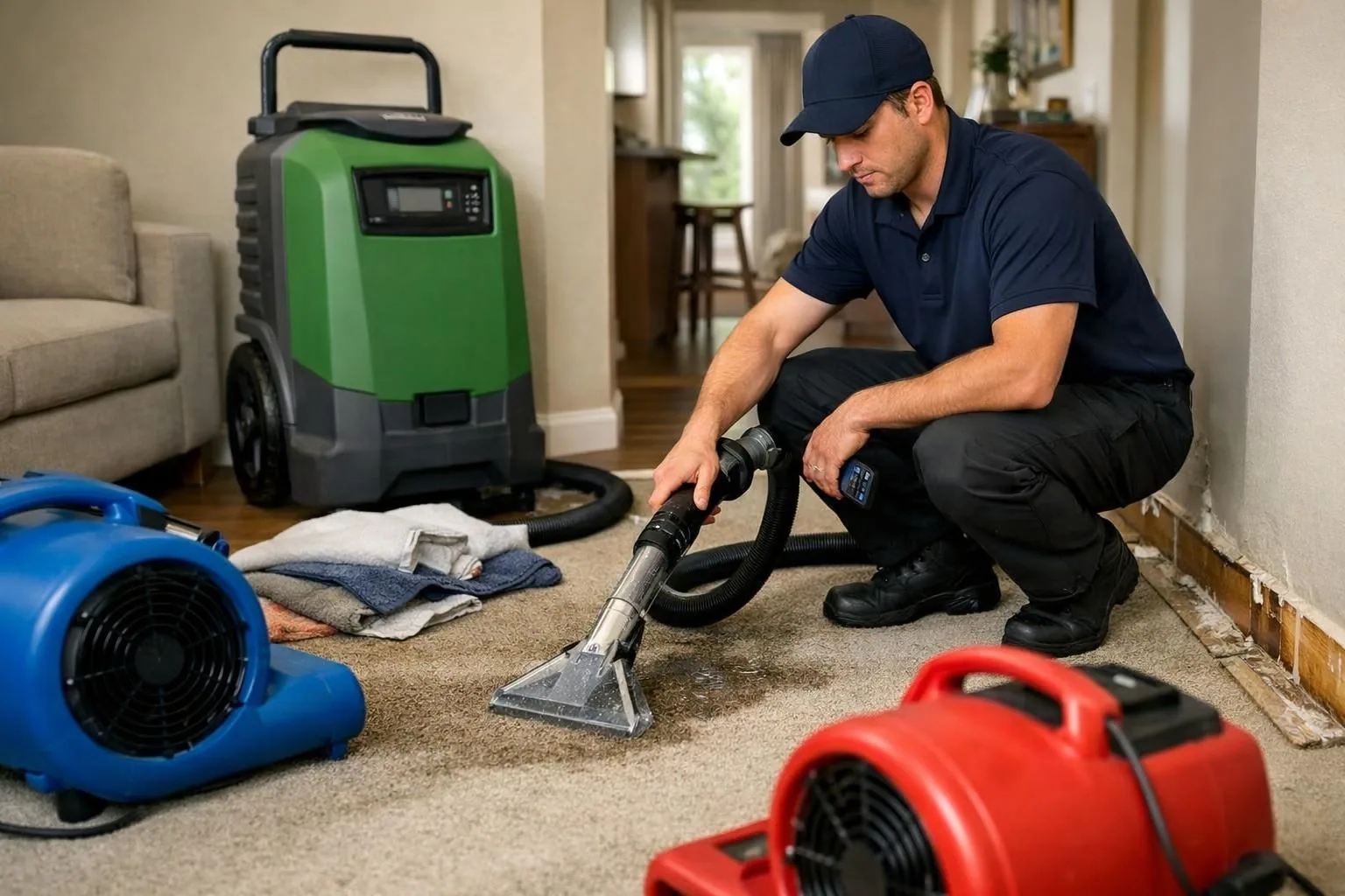 Technician extracting water from carpet with drying fans nearby