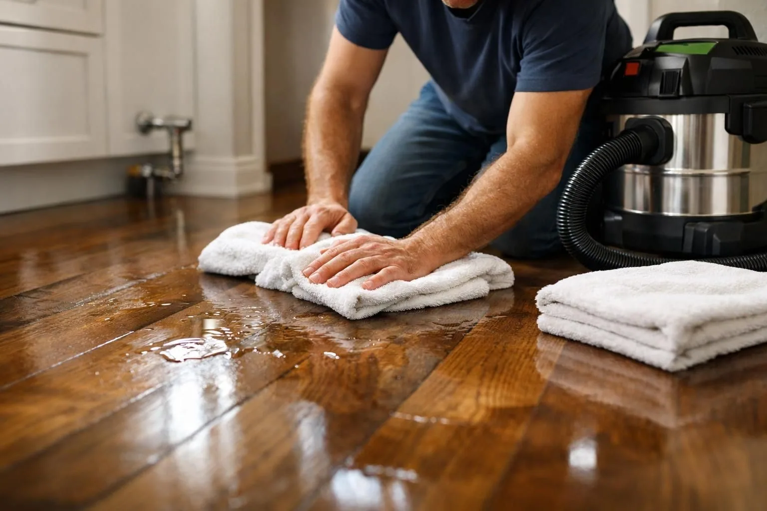 Person wiping water from hardwood floor with towels