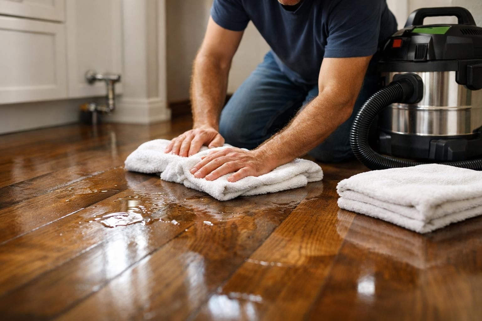 Person wiping water from hardwood floor with towels