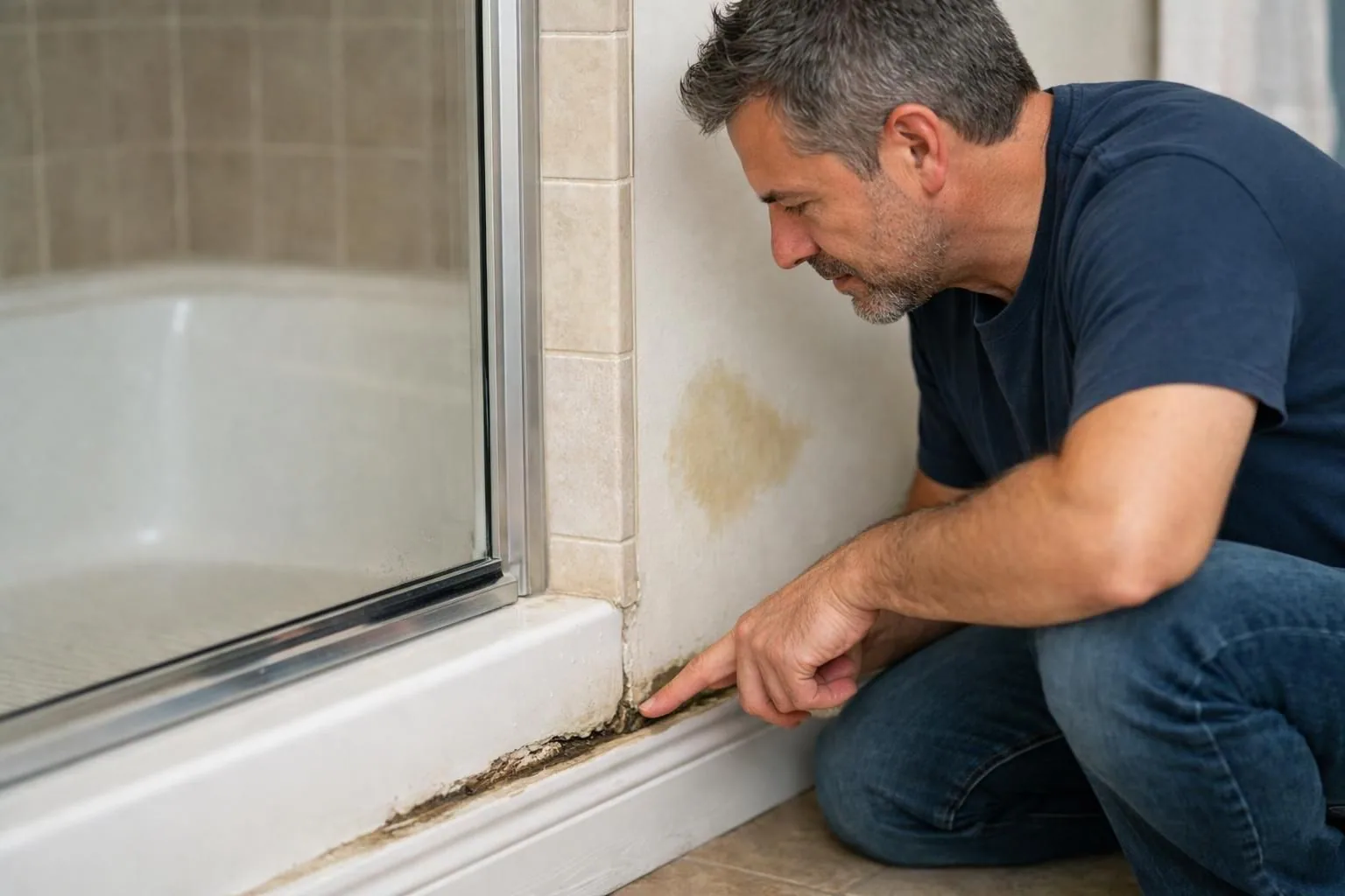 Man pointing at water-damaged baseboard beside shower door