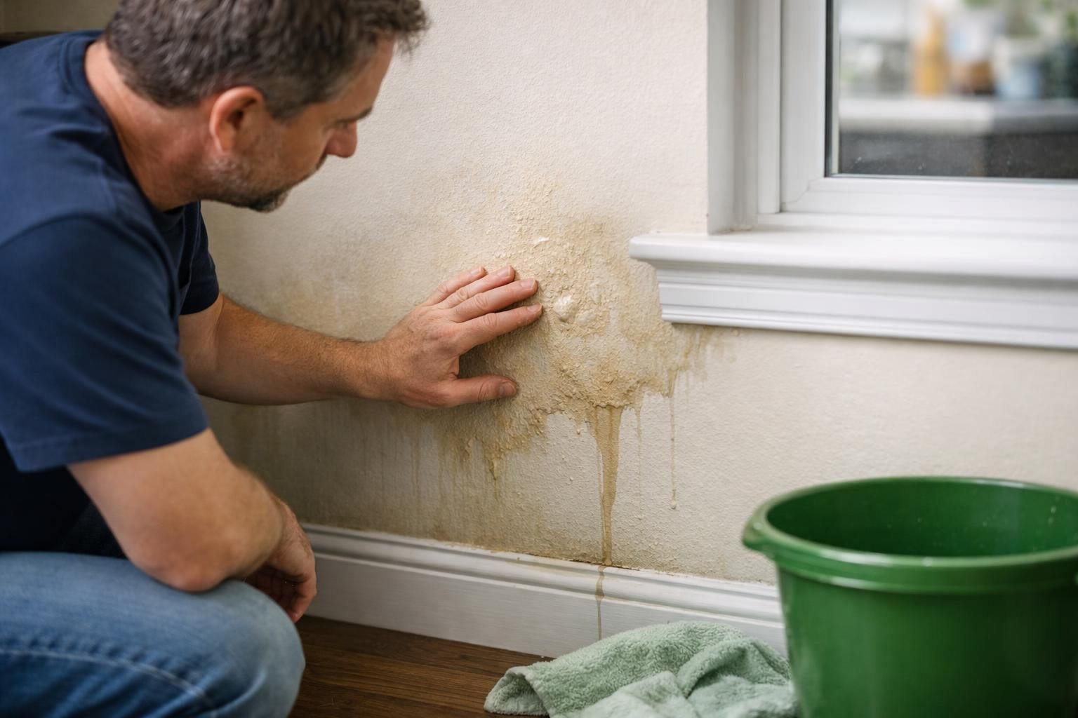 Man touching water-stained wall beneath window trim