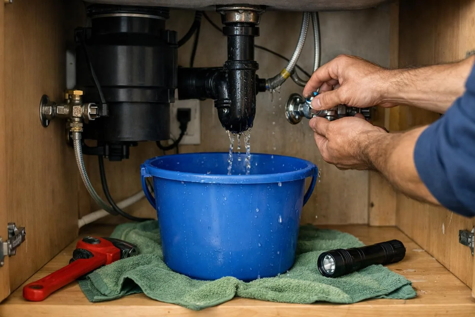 Hands tightening valve under sink with water dripping bucket