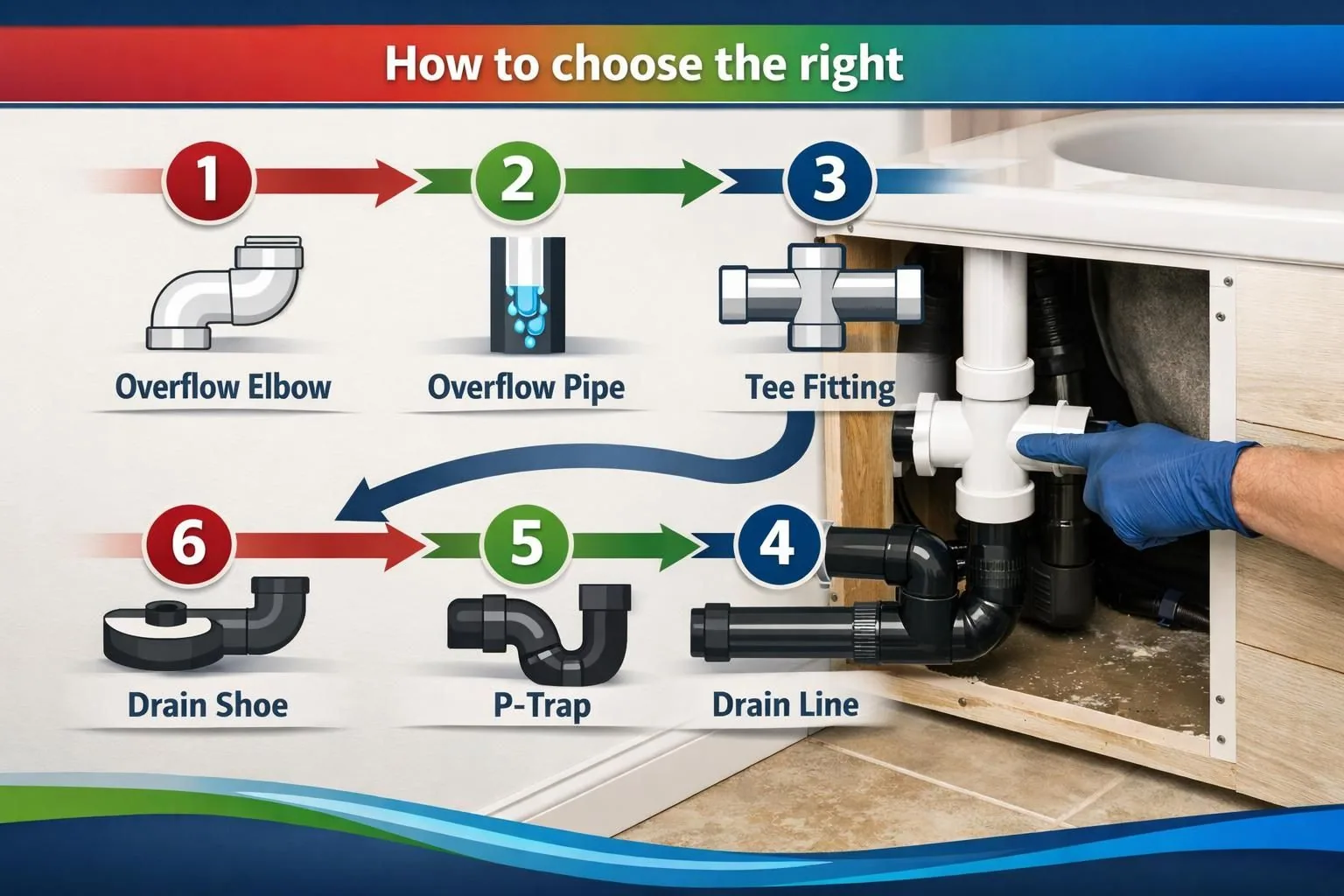 Diagram of sink drain parts and gloved hand pointing