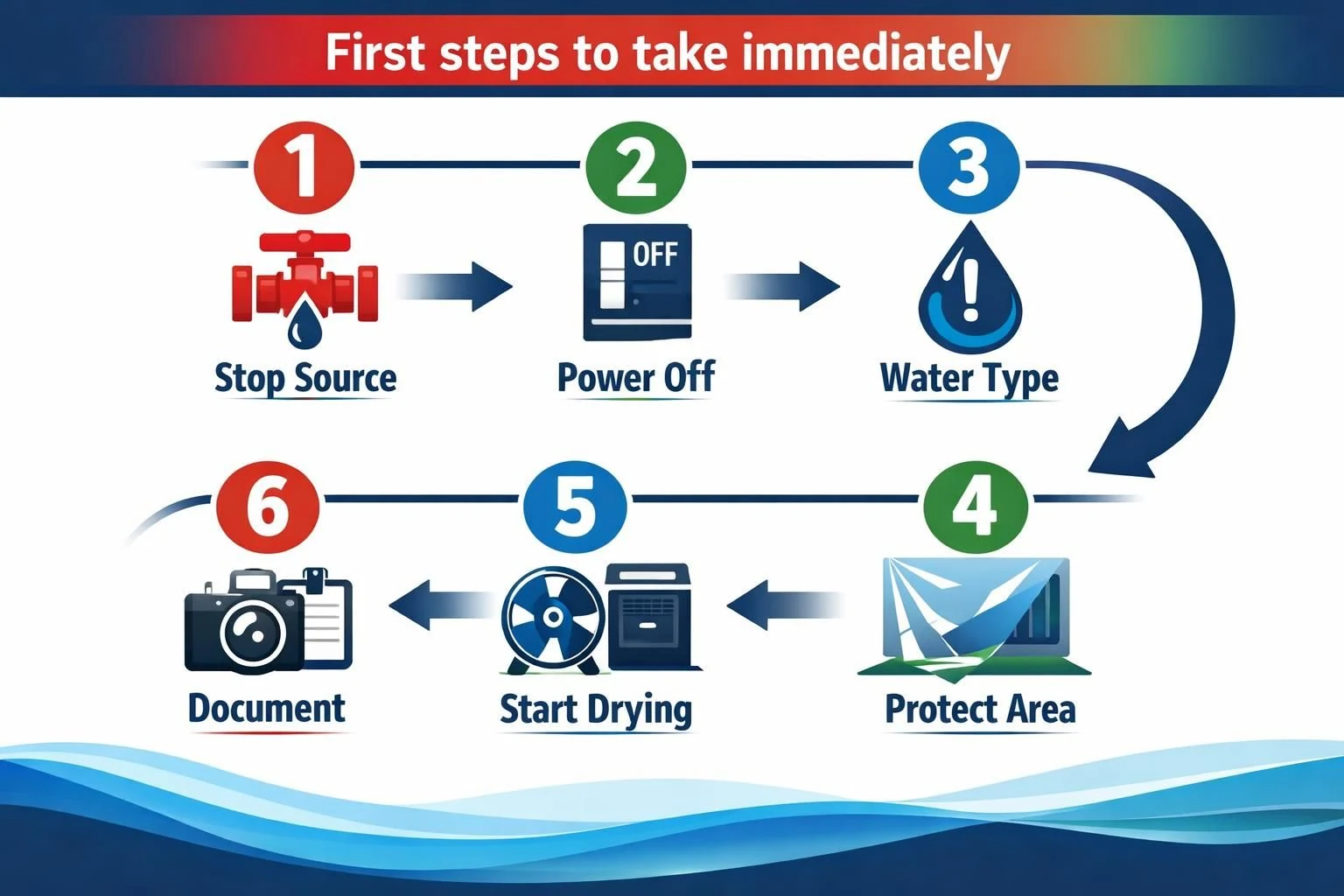 Infographic showing six steps for water damage response