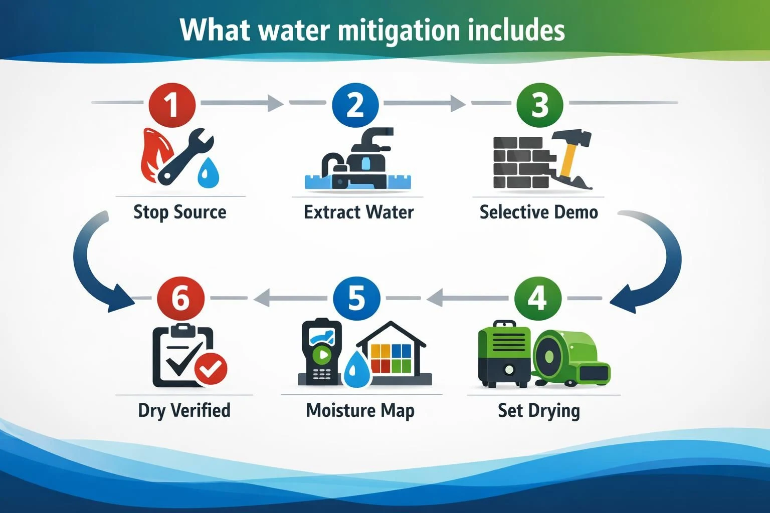 Water mitigation infographic showing six steps with icons