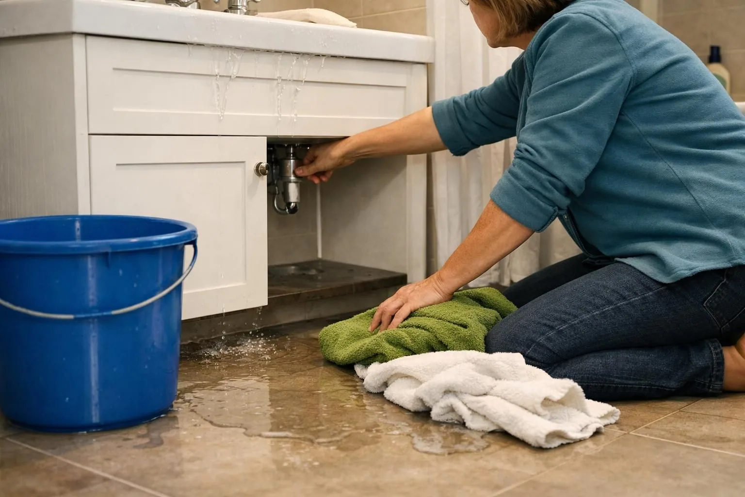 Person kneeling by leaking sink cabinet with towels and bucket