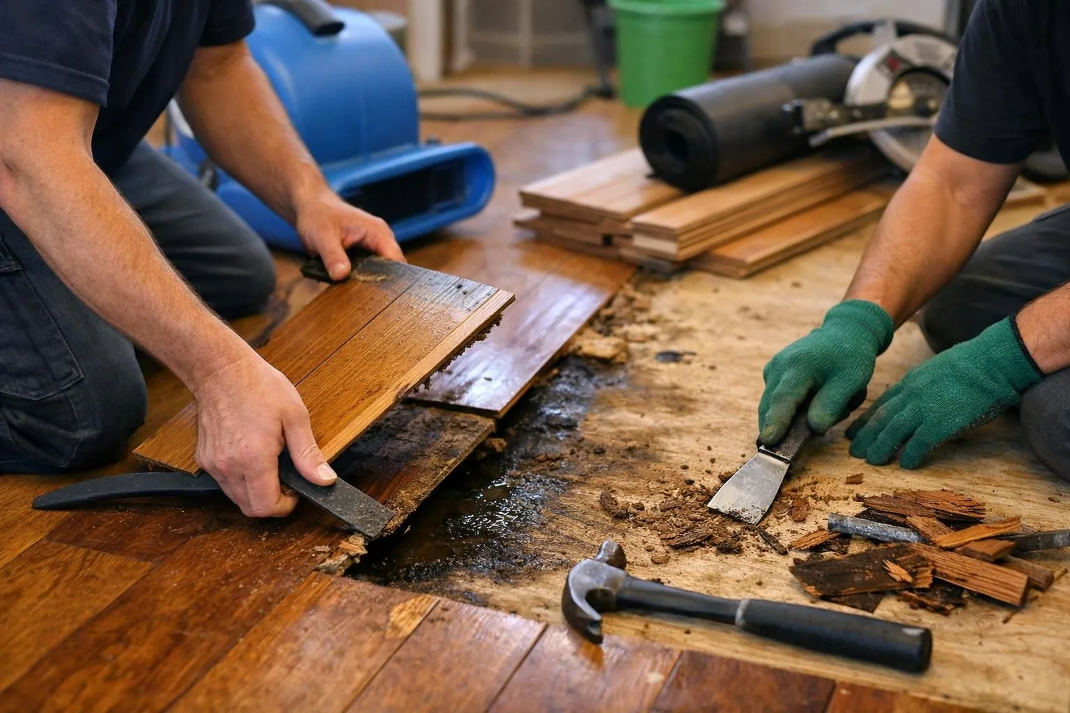 Workers remove damaged hardwood planks with pry bars and scraper