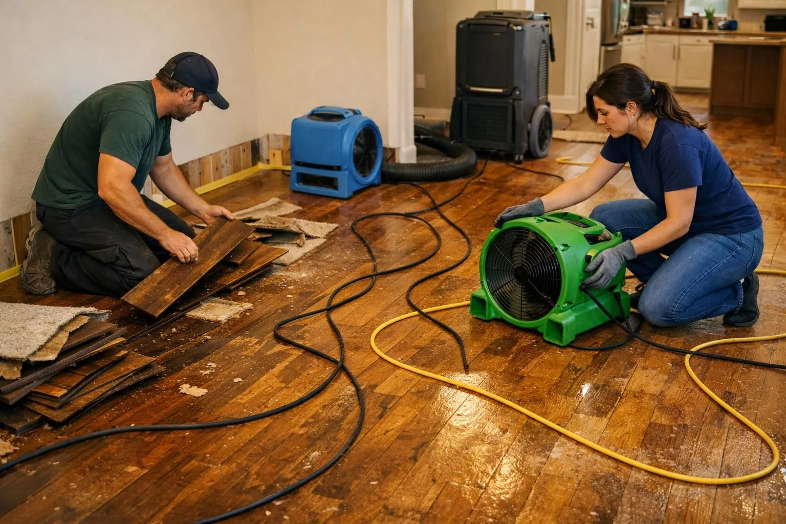 Two workers remove wet flooring with green fan