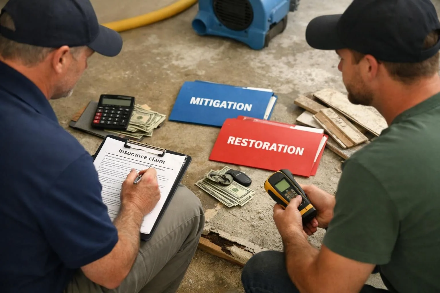 Two workers review insurance claim with mitigation restoration folders