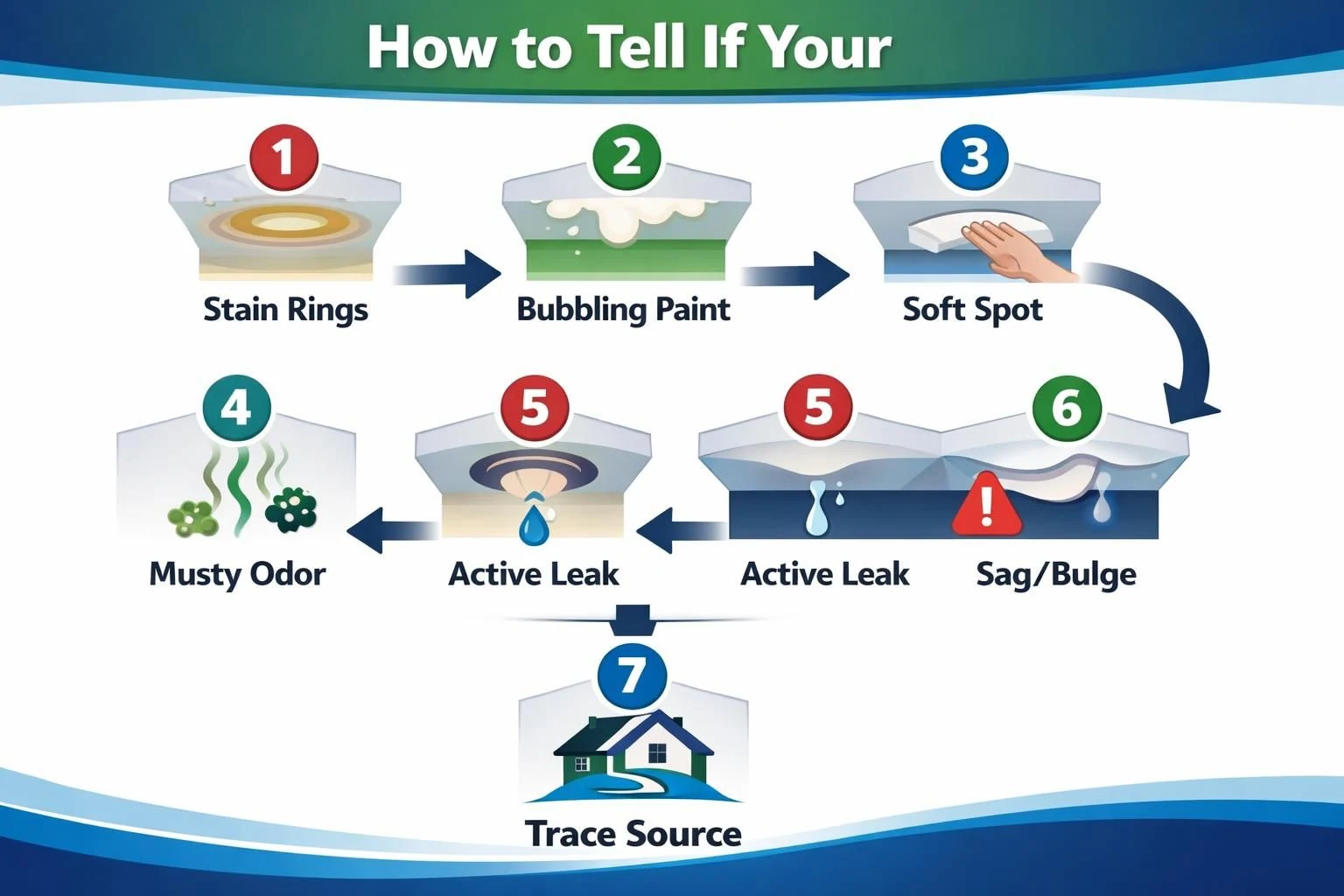 Infographic showing ceiling water damage signs and leaks